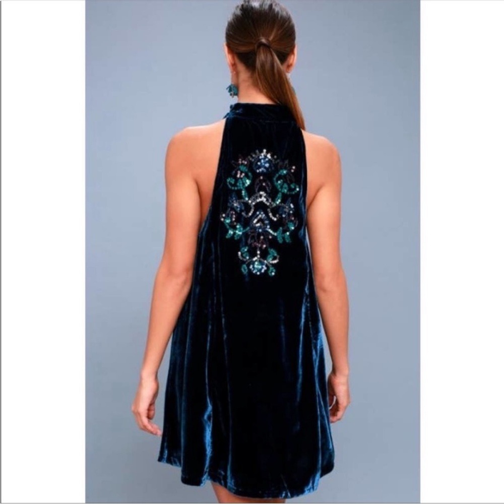 Free People Blue Velvet Sequin Boho Mock Neck Mini Dress Size S Whinsigoth - Picture 4 of 13